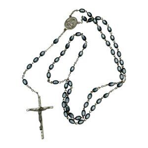 Italian Catholic Rosary Gray Beads Sacred Heart of Jesus Medallion Vintage 24"